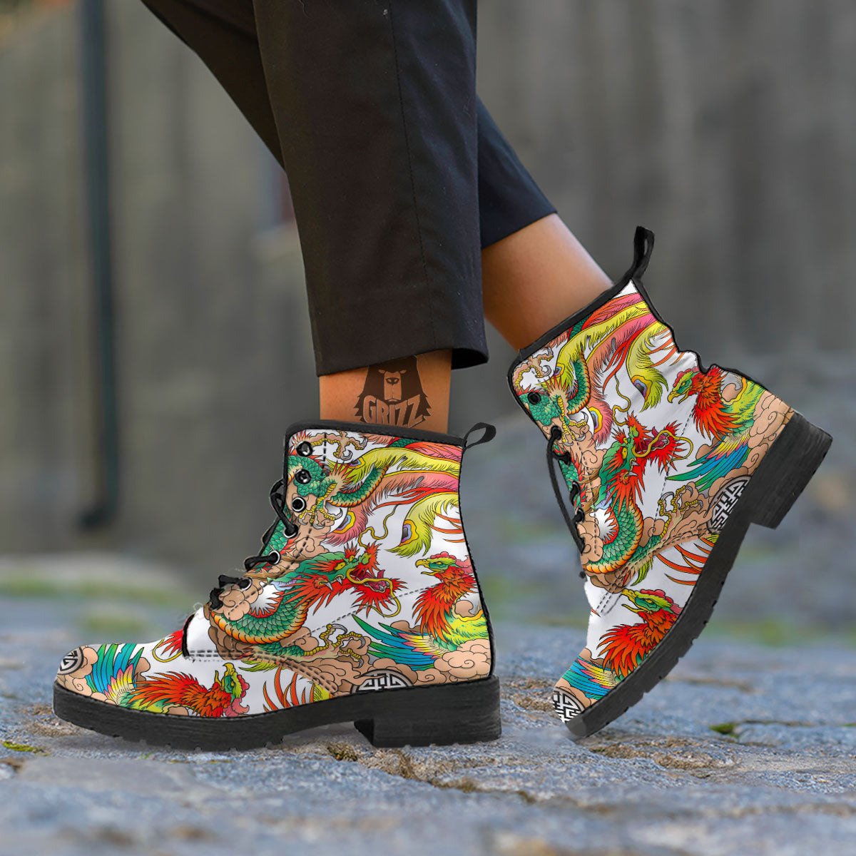 Phoenix And Dragon Japanese Tattoo Print Leather Boots-grizzshop