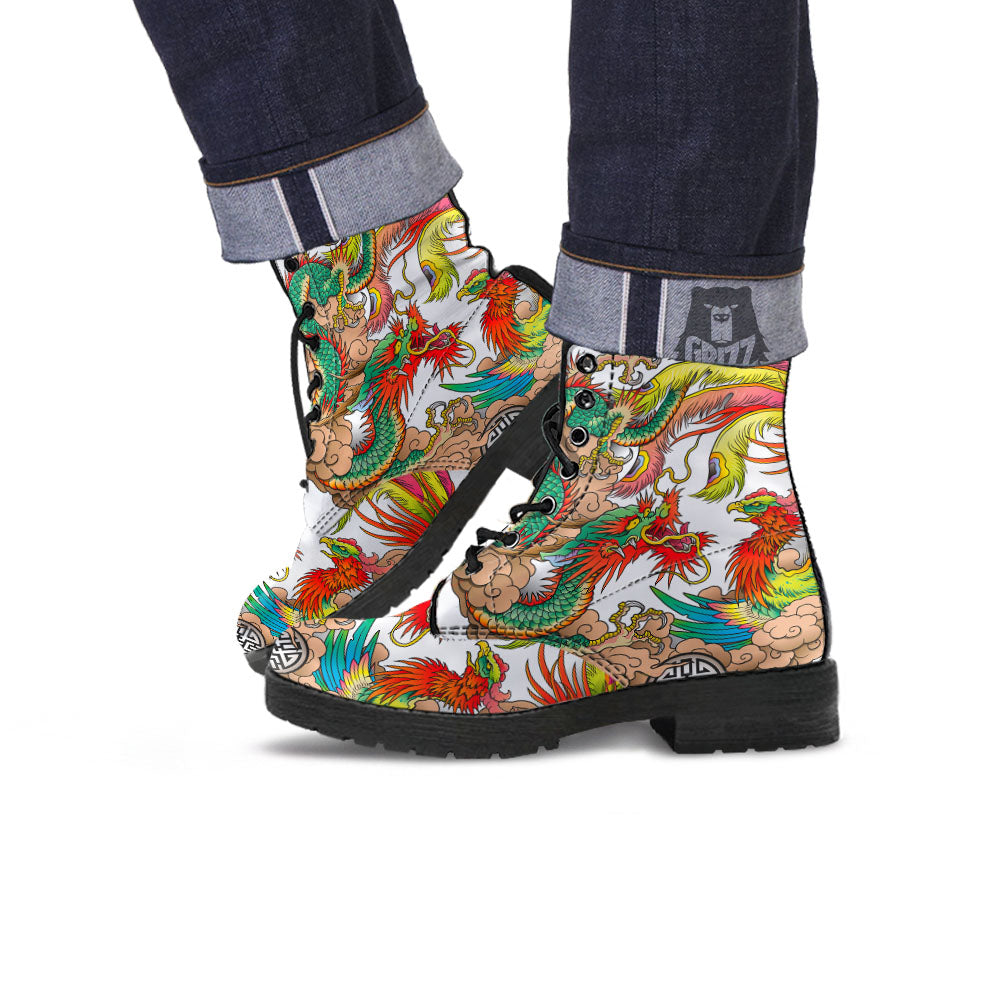 Phoenix And Dragon Japanese Tattoo Print Leather Boots-grizzshop