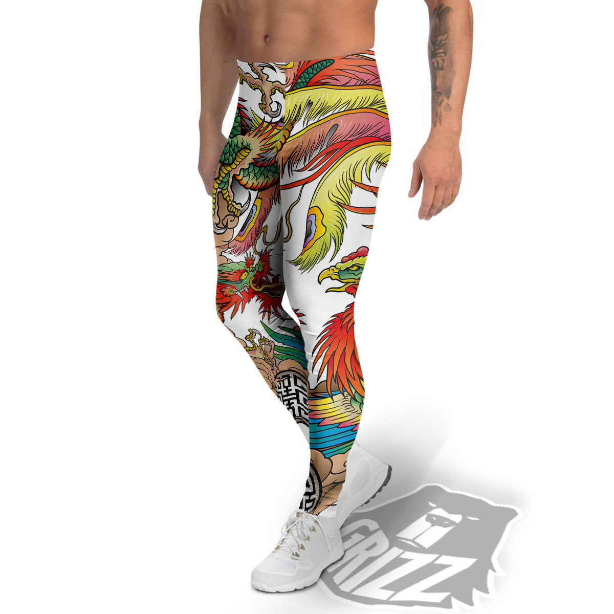 Phoenix And Dragon Japanese Tattoo Print Men's Leggings-grizzshop