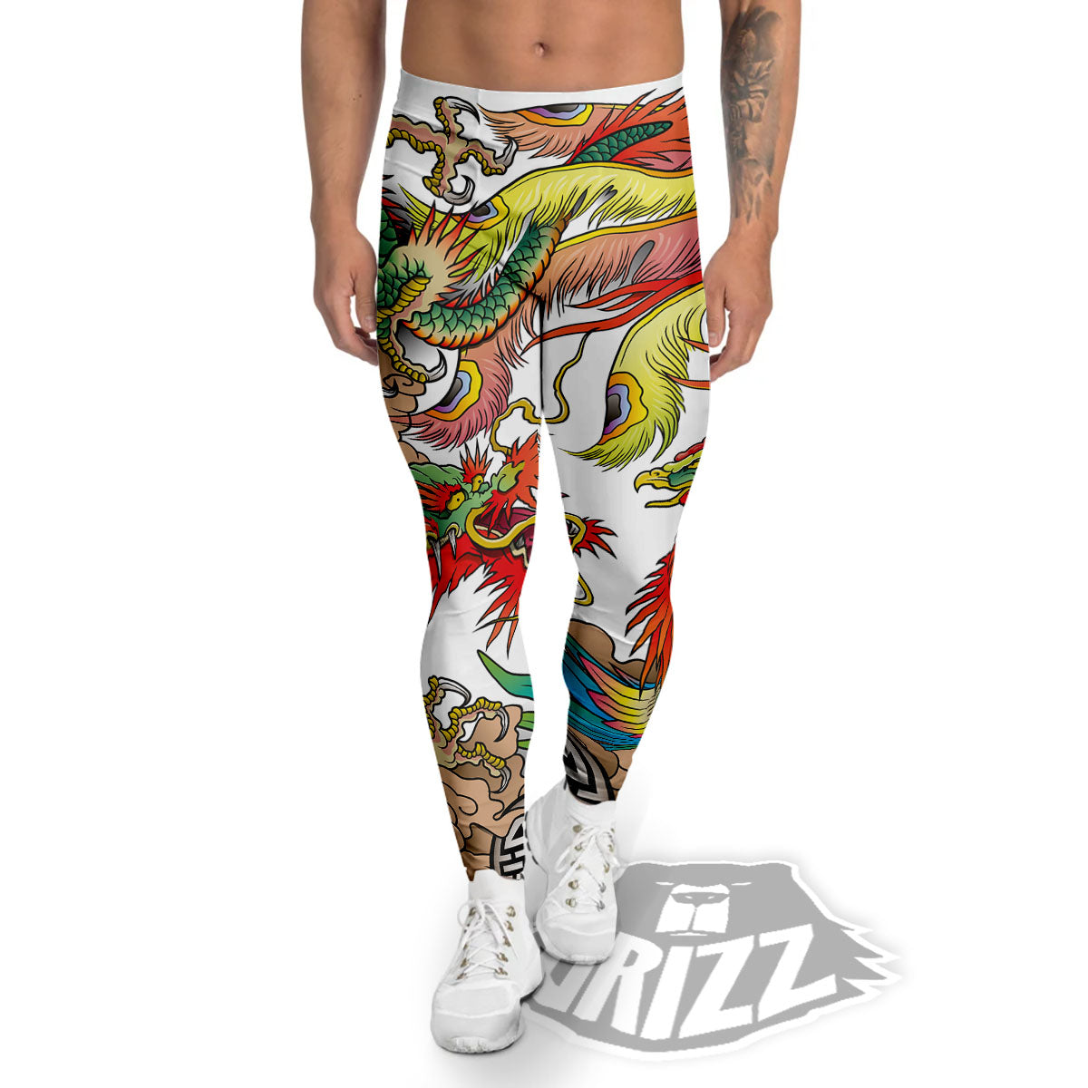 Phoenix And Dragon Japanese Tattoo Print Men's Leggings-grizzshop