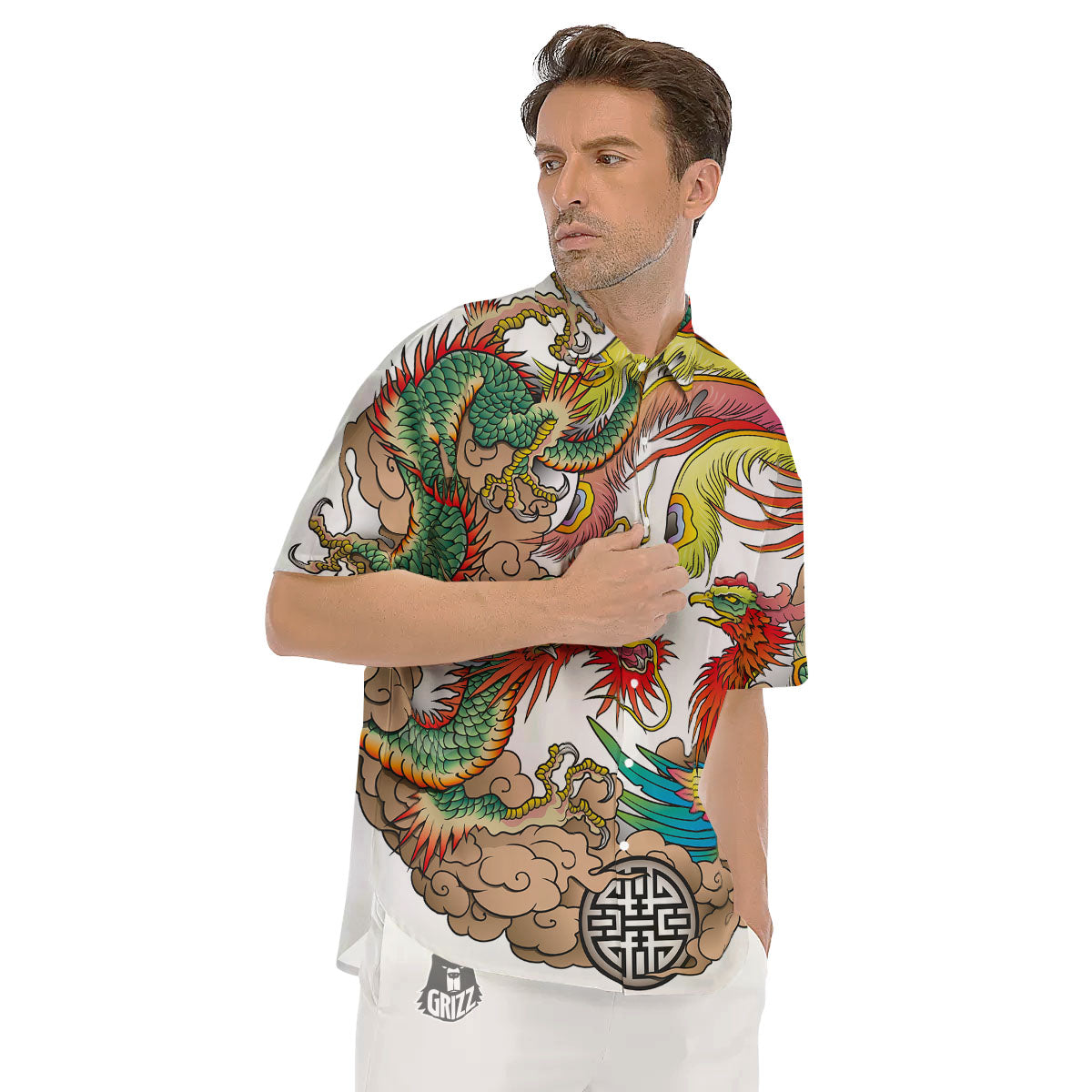 Phoenix And Dragon Japanese Tattoo Print Men's Short Sleeve Shirts-grizzshop
