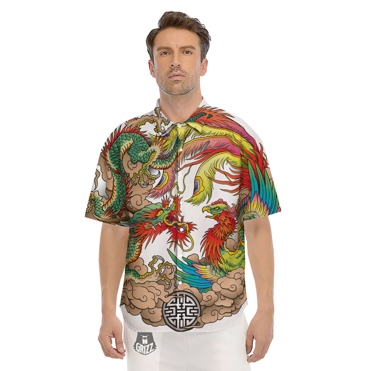 Phoenix And Dragon Japanese Tattoo Print Men's Short Sleeve Shirts-grizzshop