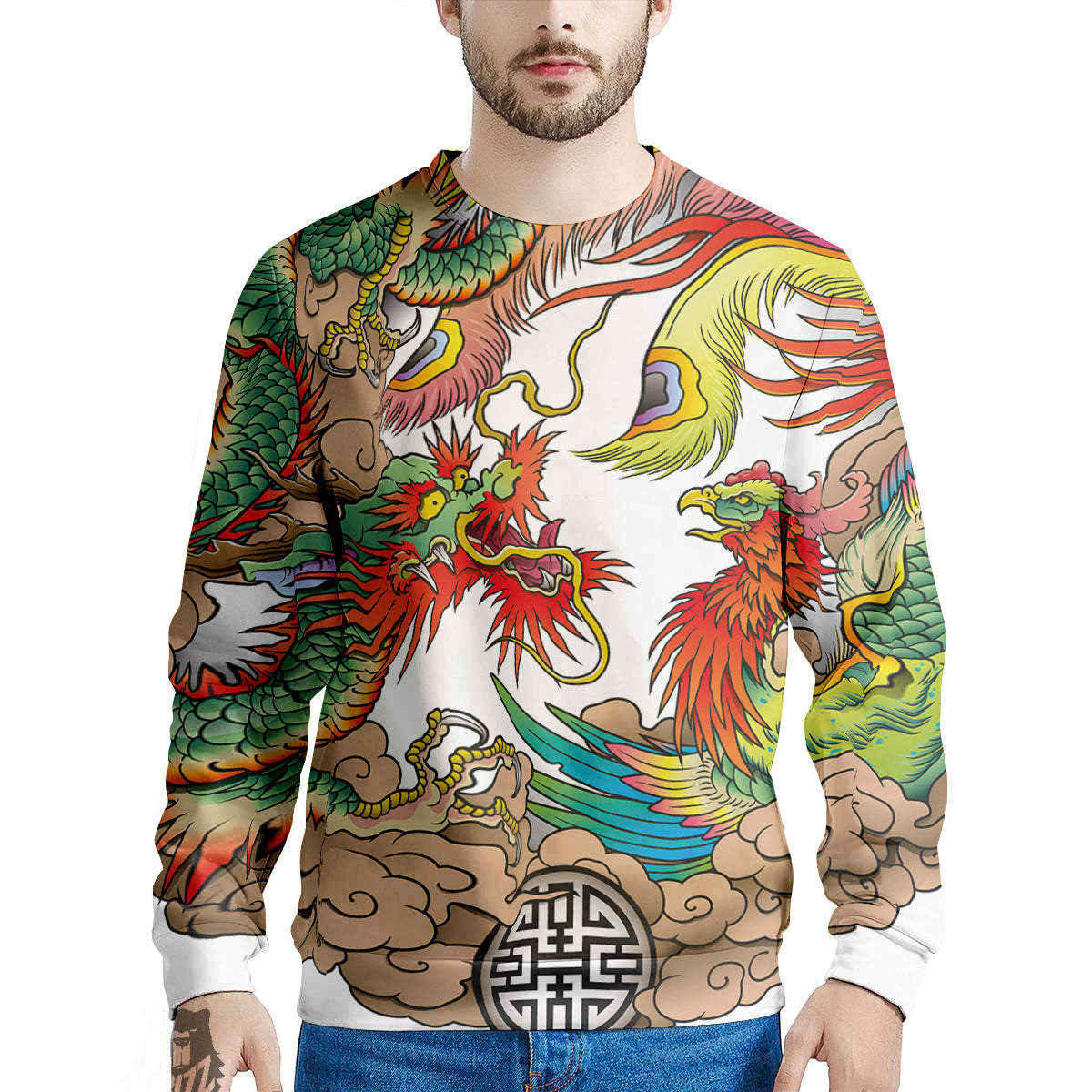 Phoenix And Dragon Japanese Tattoo Print Men's Sweatshirt-grizzshop