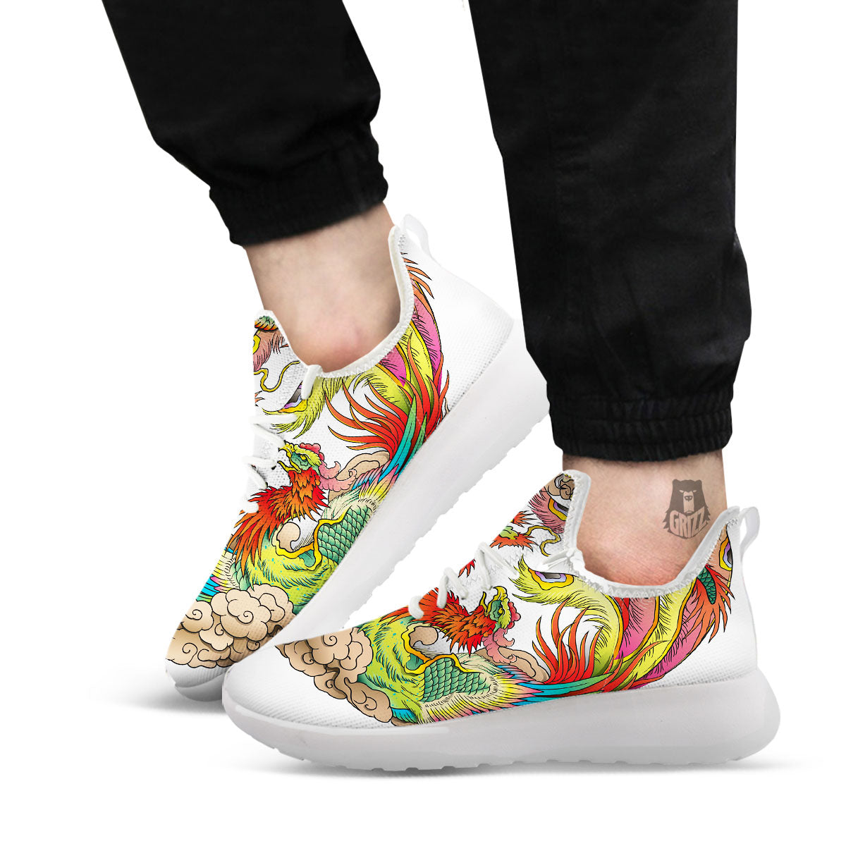 Phoenix And Dragon Japanese Tattoo Print White Athletic Shoes-grizzshop