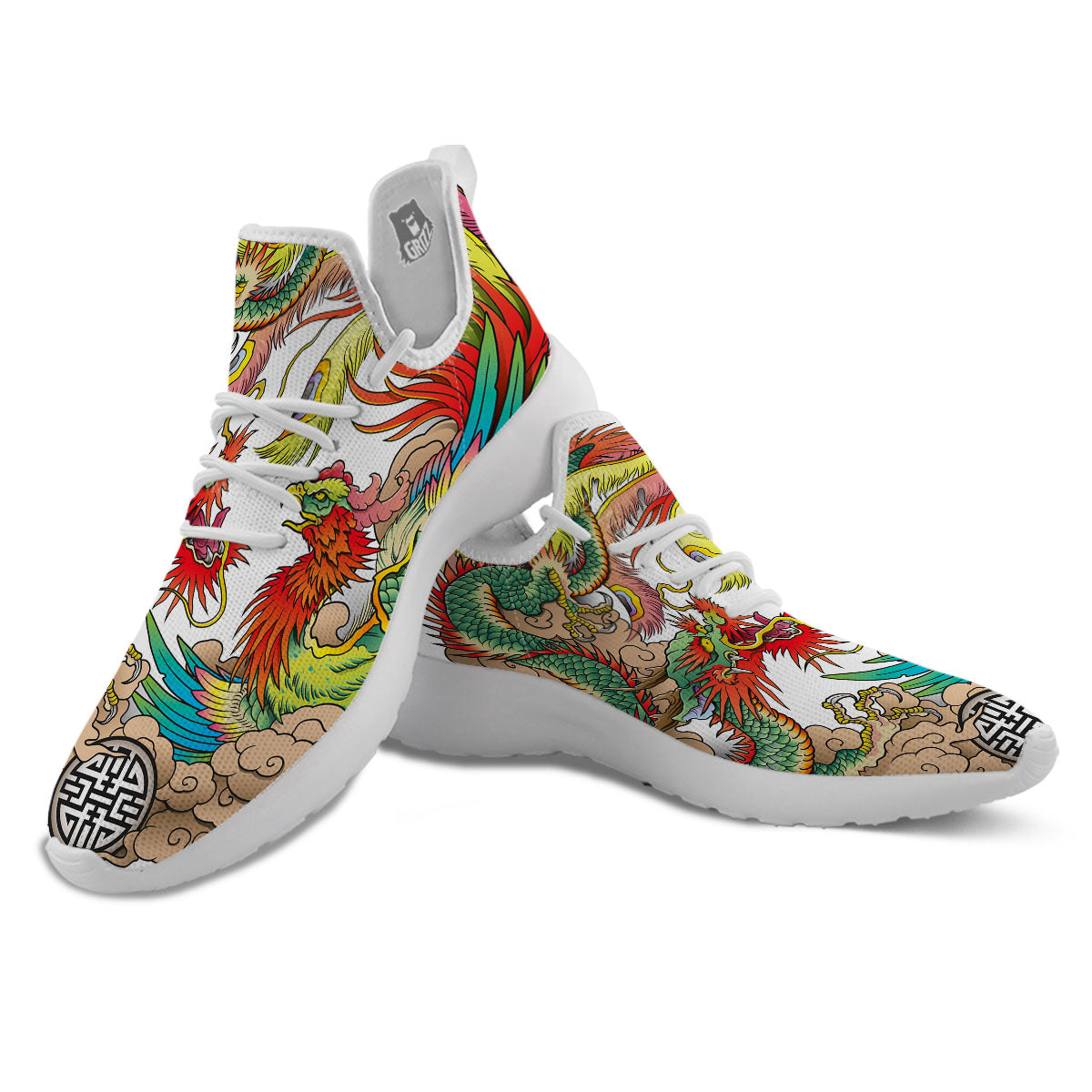 Phoenix And Dragon Japanese Tattoo Print White Athletic Shoes-grizzshop