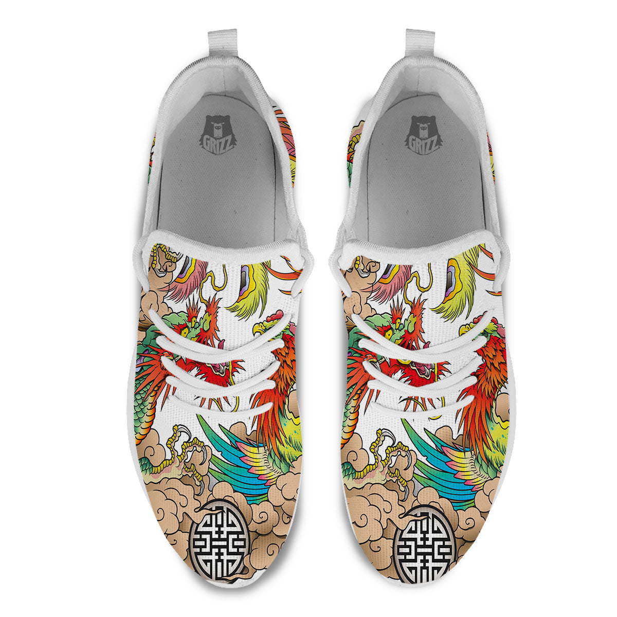 Phoenix And Dragon Japanese Tattoo Print White Athletic Shoes-grizzshop