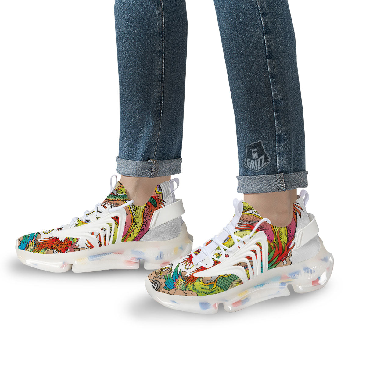 Phoenix And Dragon Japanese Tattoo Print White Gym Shoes-grizzshop
