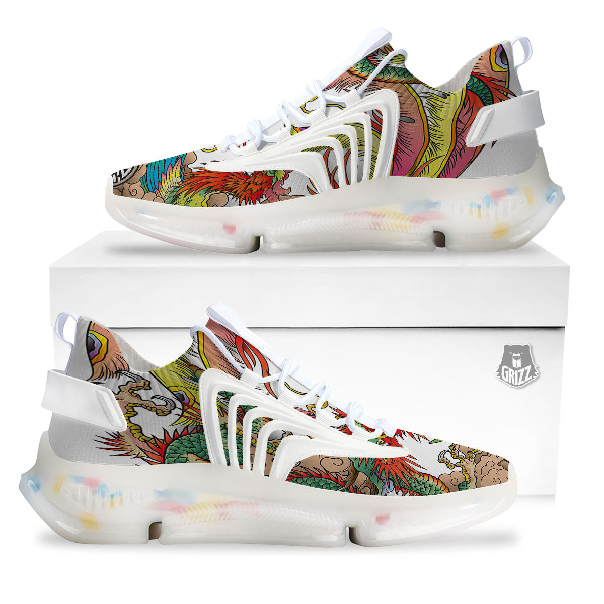 Phoenix And Dragon Japanese Tattoo Print White Gym Shoes-grizzshop