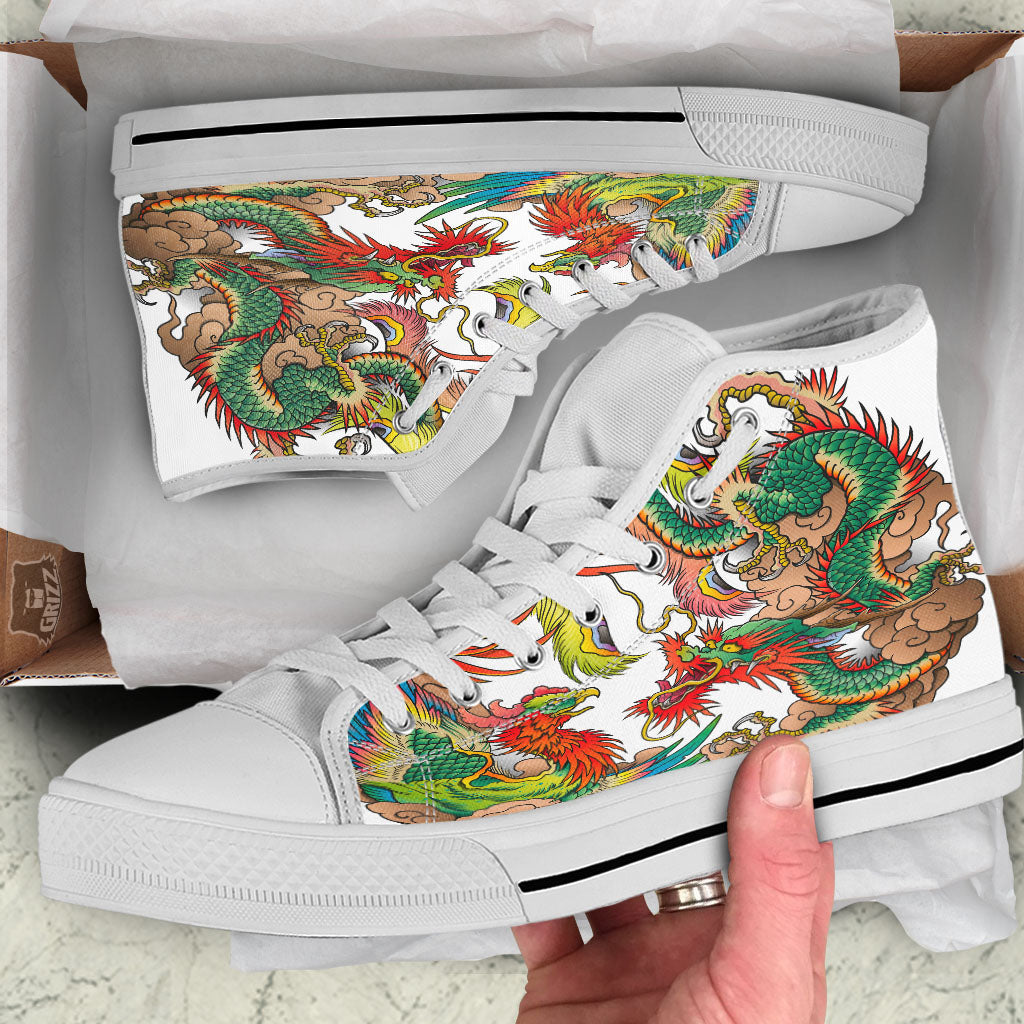 Phoenix And Dragon Japanese Tattoo Print White High Top Shoes-grizzshop