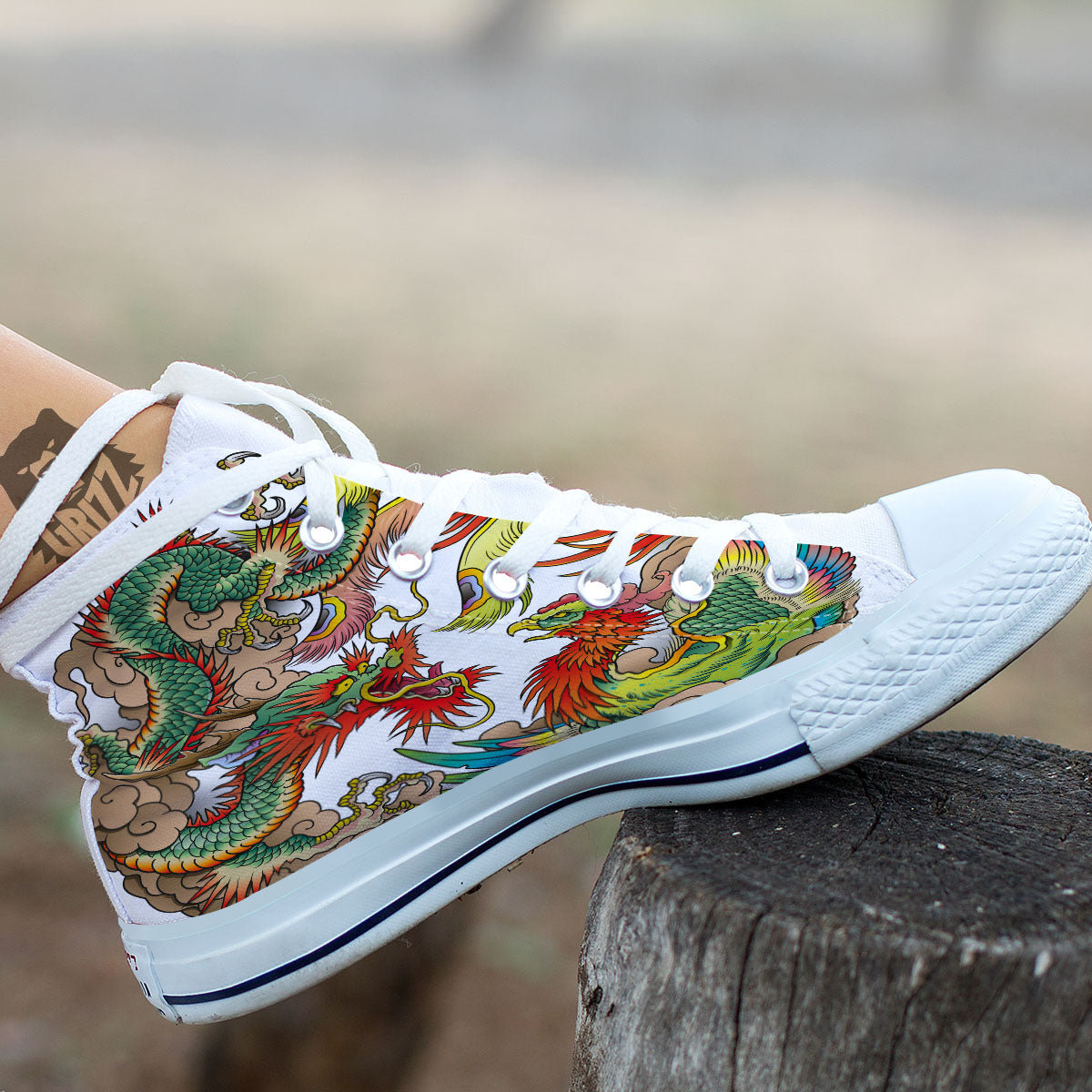 Phoenix And Dragon Japanese Tattoo Print White High Top Shoes-grizzshop