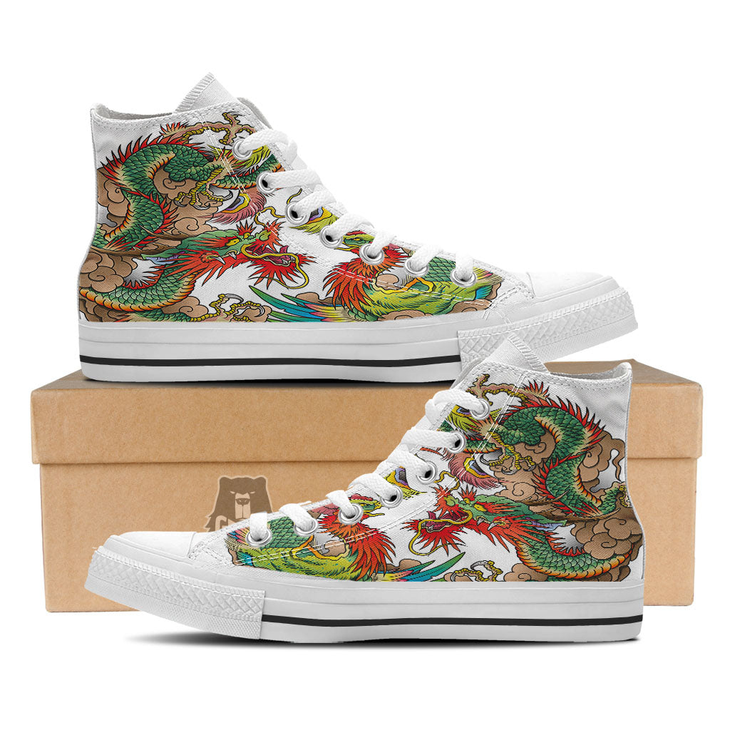 Phoenix And Dragon Japanese Tattoo Print White High Top Shoes-grizzshop