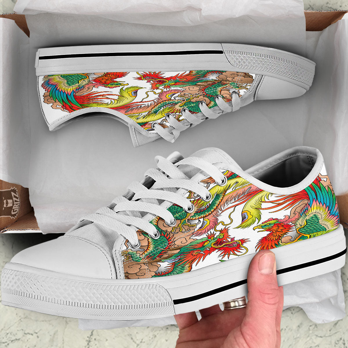 Phoenix And Dragon Japanese Tattoo Print White Low Top Shoes-grizzshop