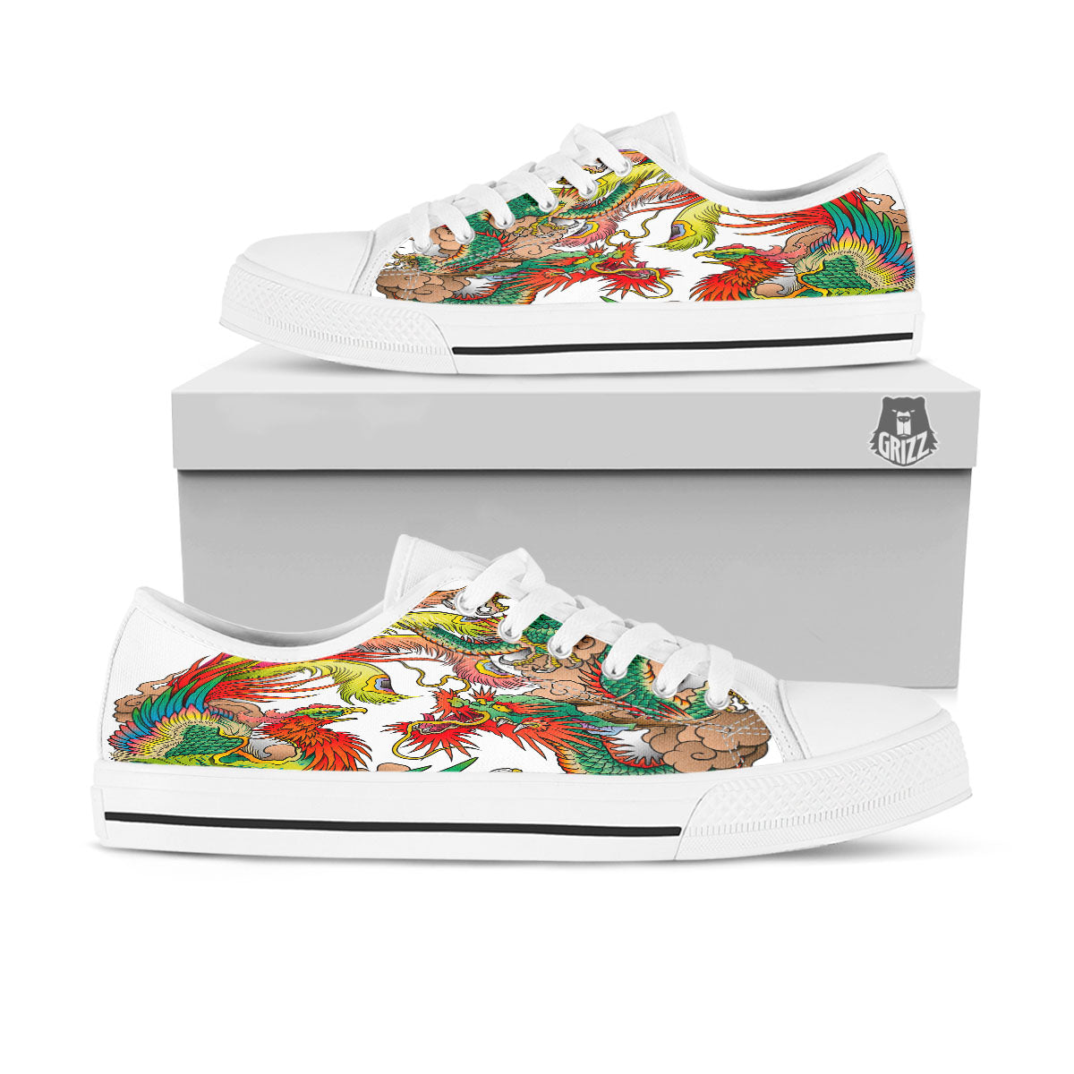 Phoenix And Dragon Japanese Tattoo Print White Low Top Shoes-grizzshop