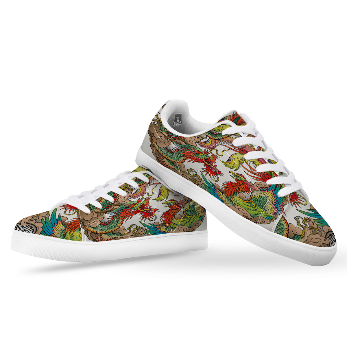 Phoenix And Dragon Japanese Tattoo Print White Low Top Sneakers-grizzshop