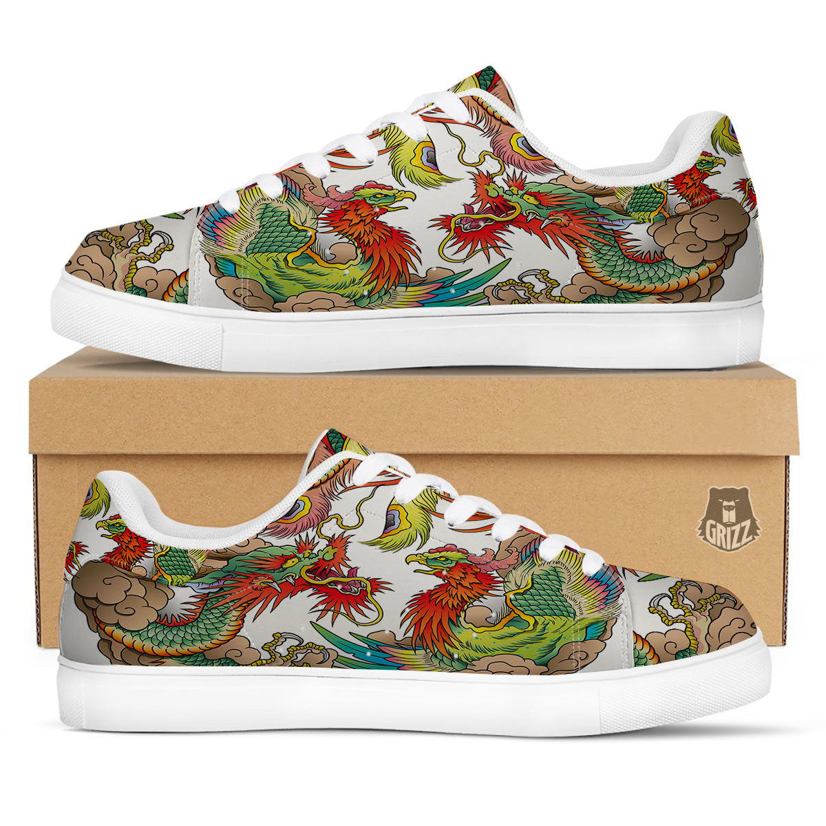 Phoenix And Dragon Japanese Tattoo Print White Low Top Sneakers-grizzshop