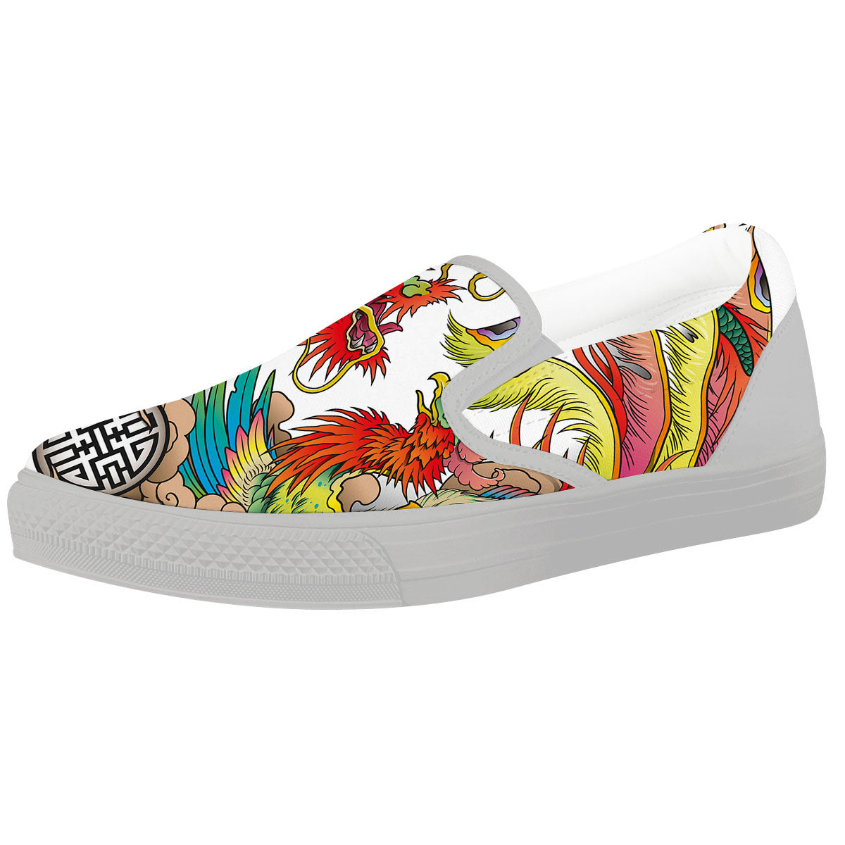 Phoenix And Dragon Japanese Tattoo Print White Slip On Shoes-grizzshop