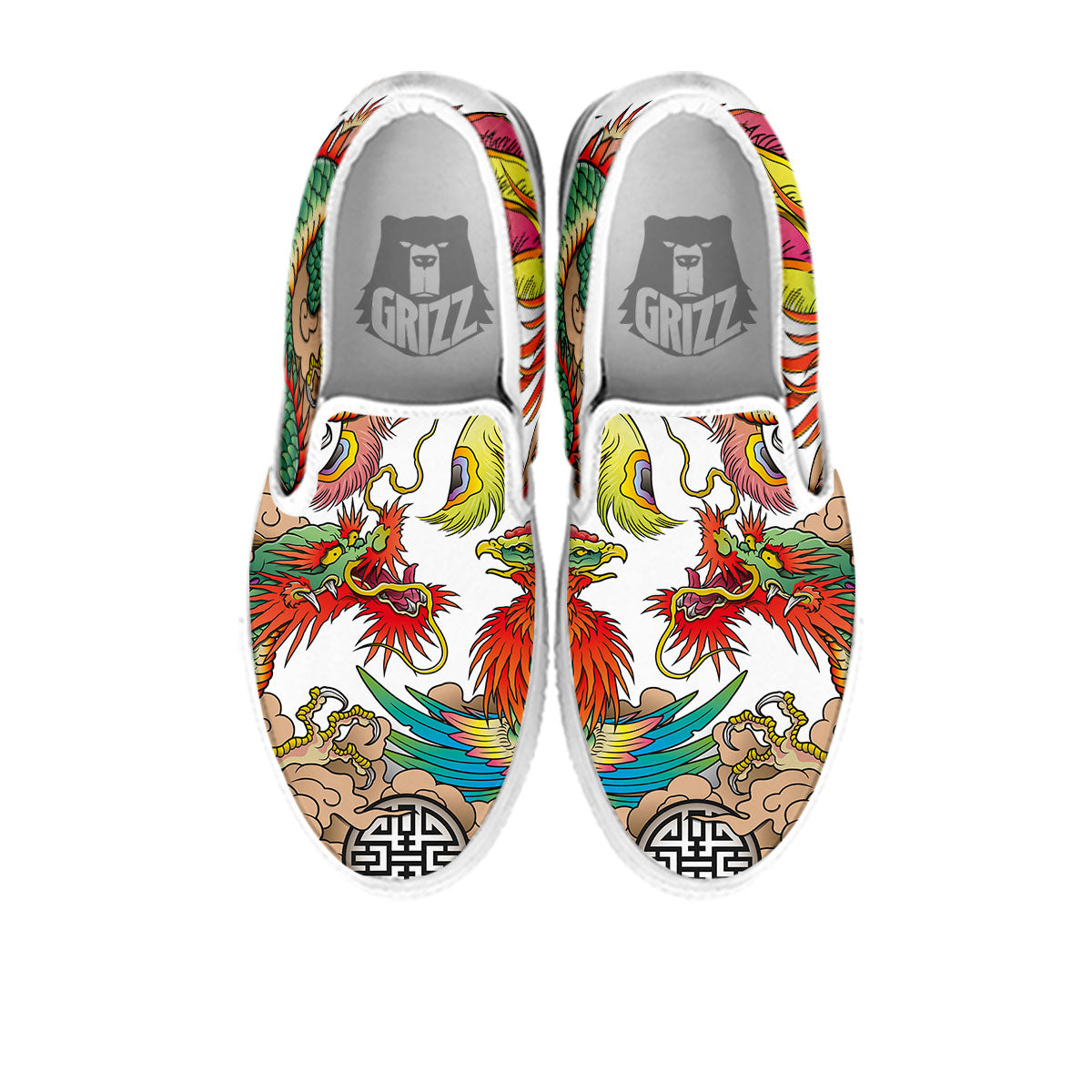 Phoenix And Dragon Japanese Tattoo Print White Slip On Shoes-grizzshop