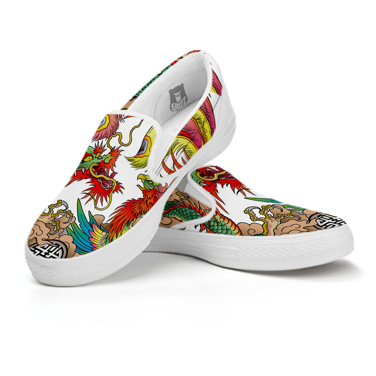 Phoenix And Dragon Japanese Tattoo Print White Slip On Shoes-grizzshop