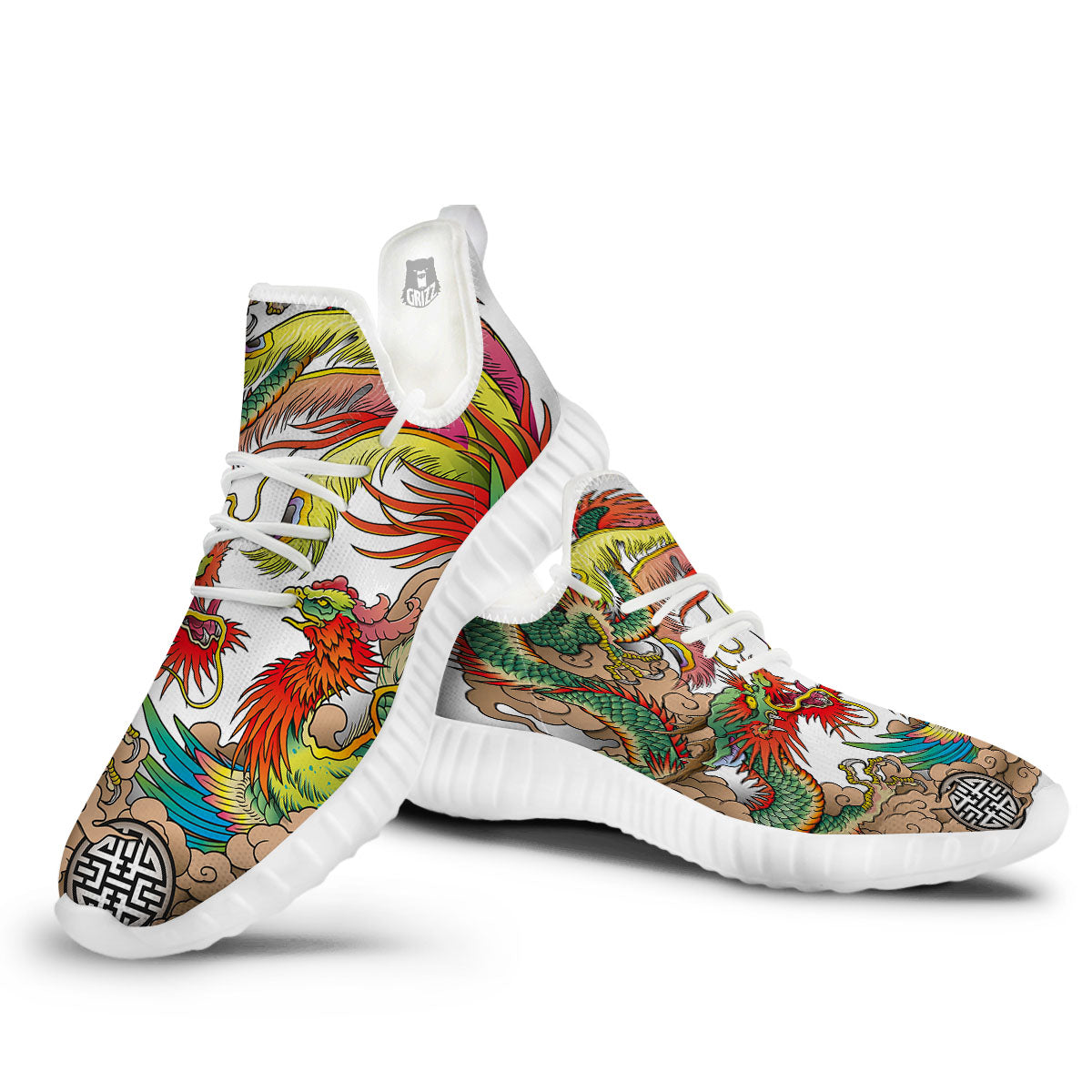 Phoenix And Dragon Japanese Tattoo Print White Walking Shoes-grizzshop