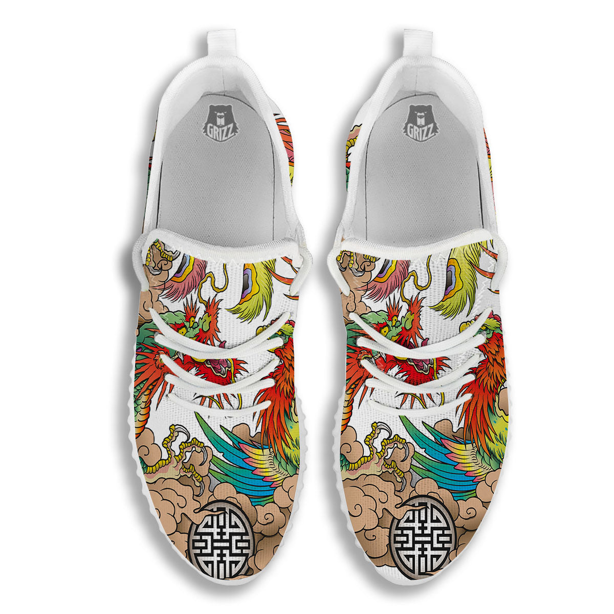 Phoenix And Dragon Japanese Tattoo Print White Walking Shoes-grizzshop