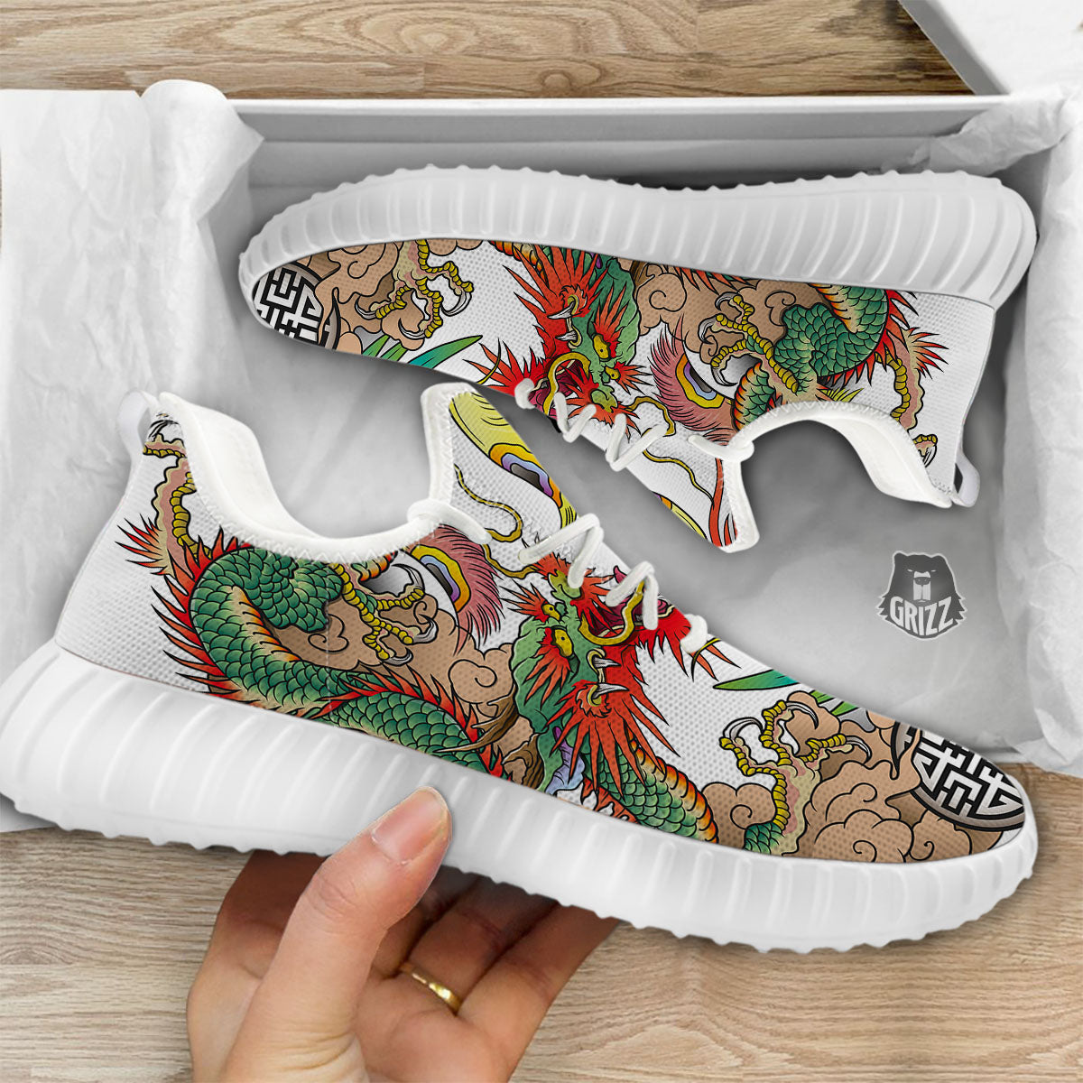Phoenix And Dragon Japanese Tattoo Print White Walking Shoes-grizzshop