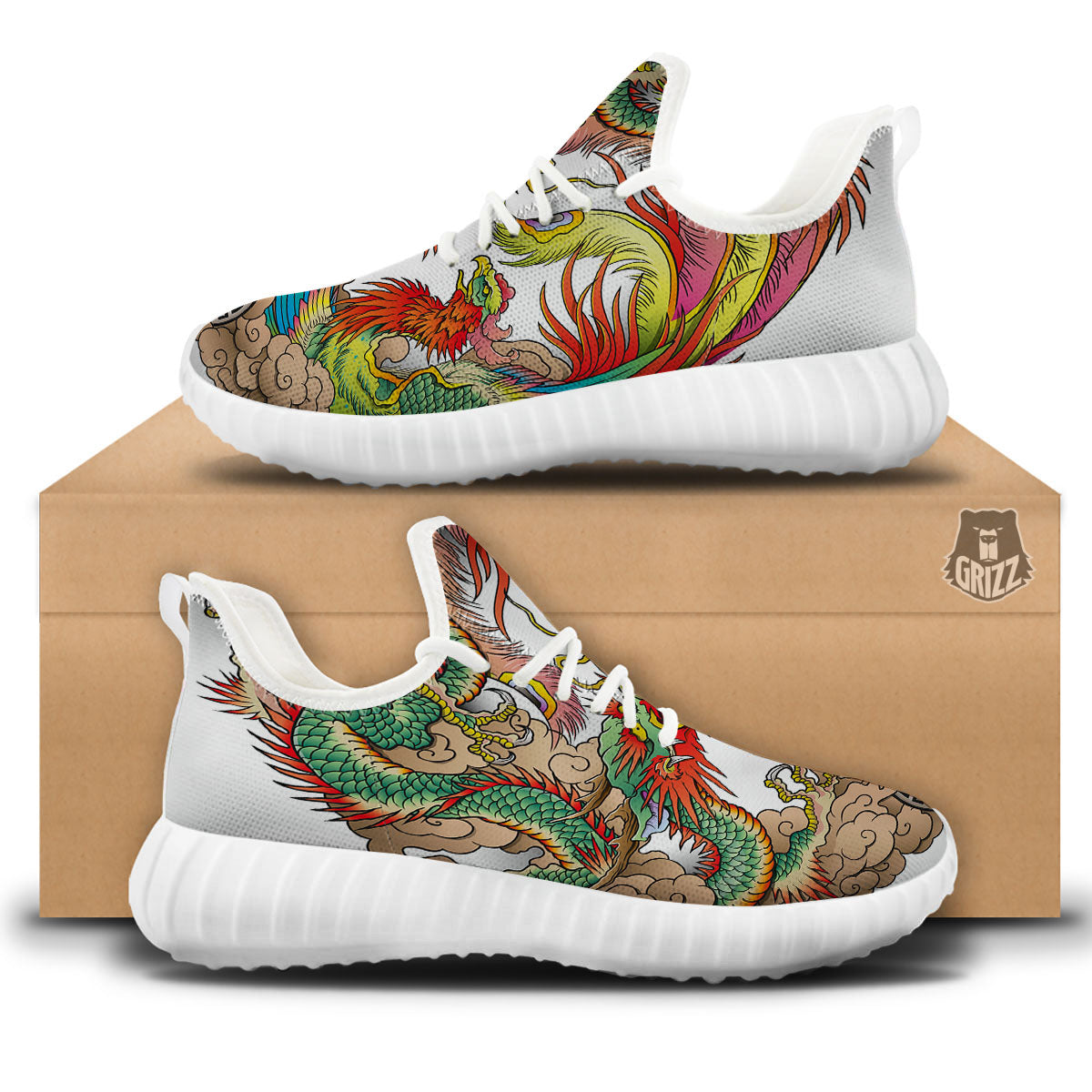 Phoenix And Dragon Japanese Tattoo Print White Walking Shoes-grizzshop