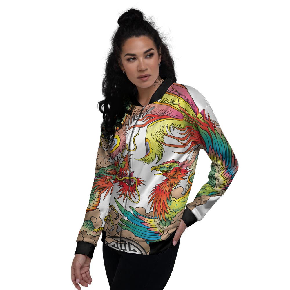 Phoenix And Dragon Japanese Tattoo Print Women's Bomber Jacket-grizzshop