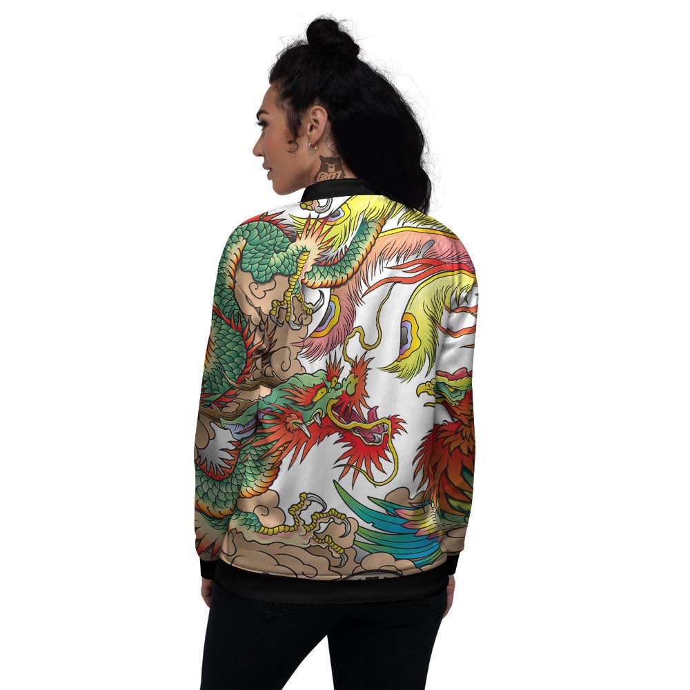 Phoenix And Dragon Japanese Tattoo Print Women's Bomber Jacket-grizzshop