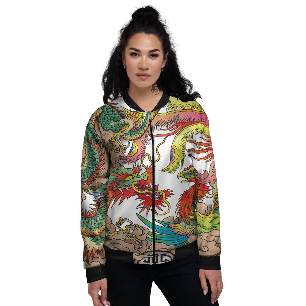 Phoenix And Dragon Japanese Tattoo Print Women's Bomber Jacket-grizzshop