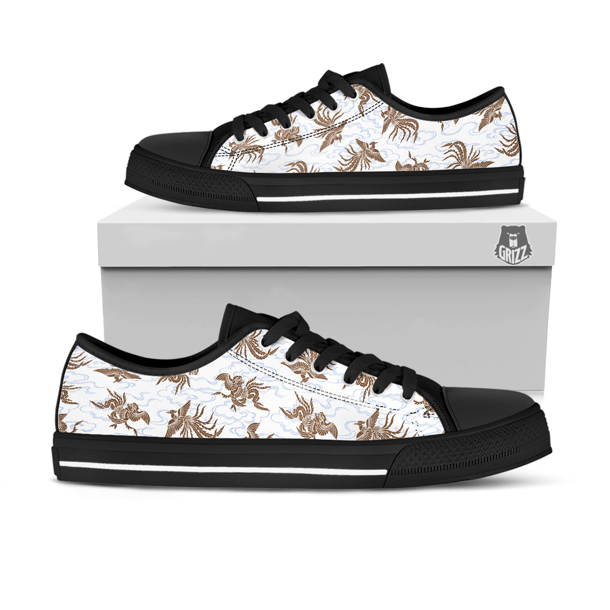 Phoenix Brown Print Pattern Black Low Top Shoes-grizzshop