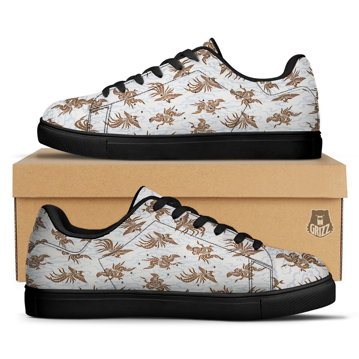 Phoenix Brown Print Pattern Black Low Top Sneakers-grizzshop