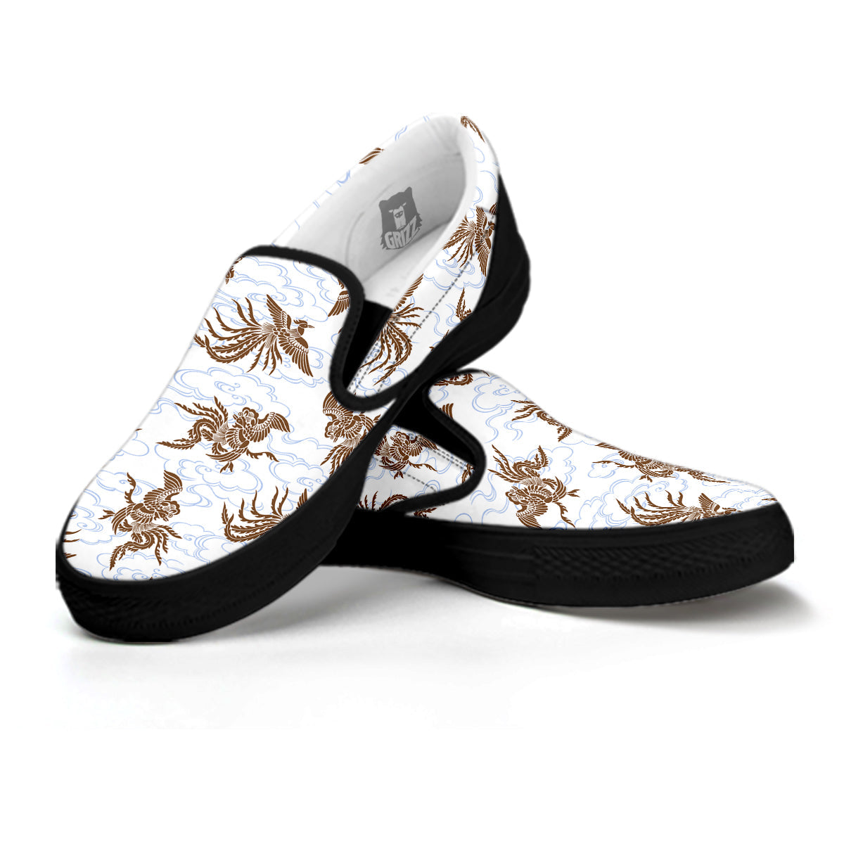 Phoenix Brown Print Pattern Black Slip On Shoes-grizzshop