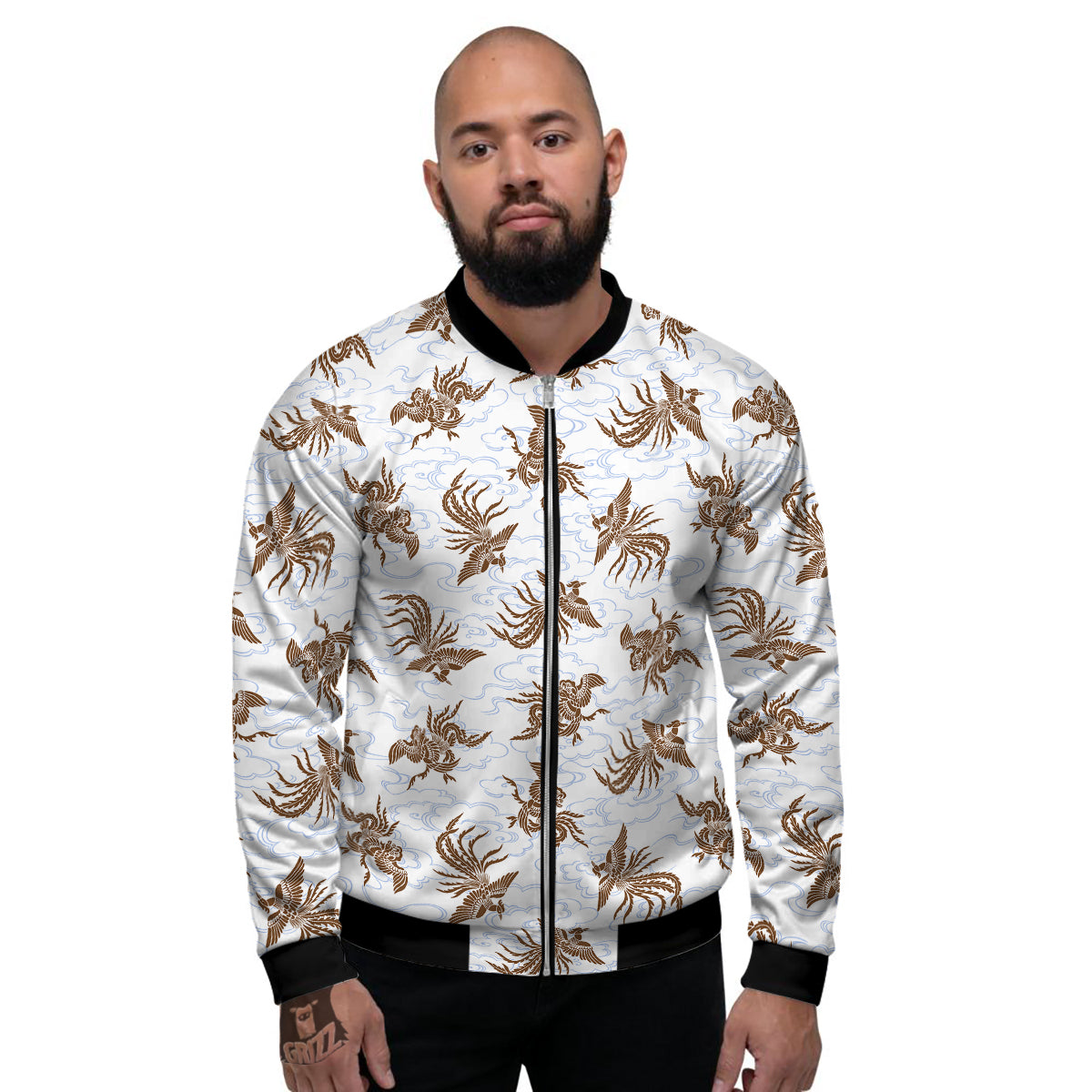 Phoenix Brown Print Pattern Men's Bomber Jacket-grizzshop