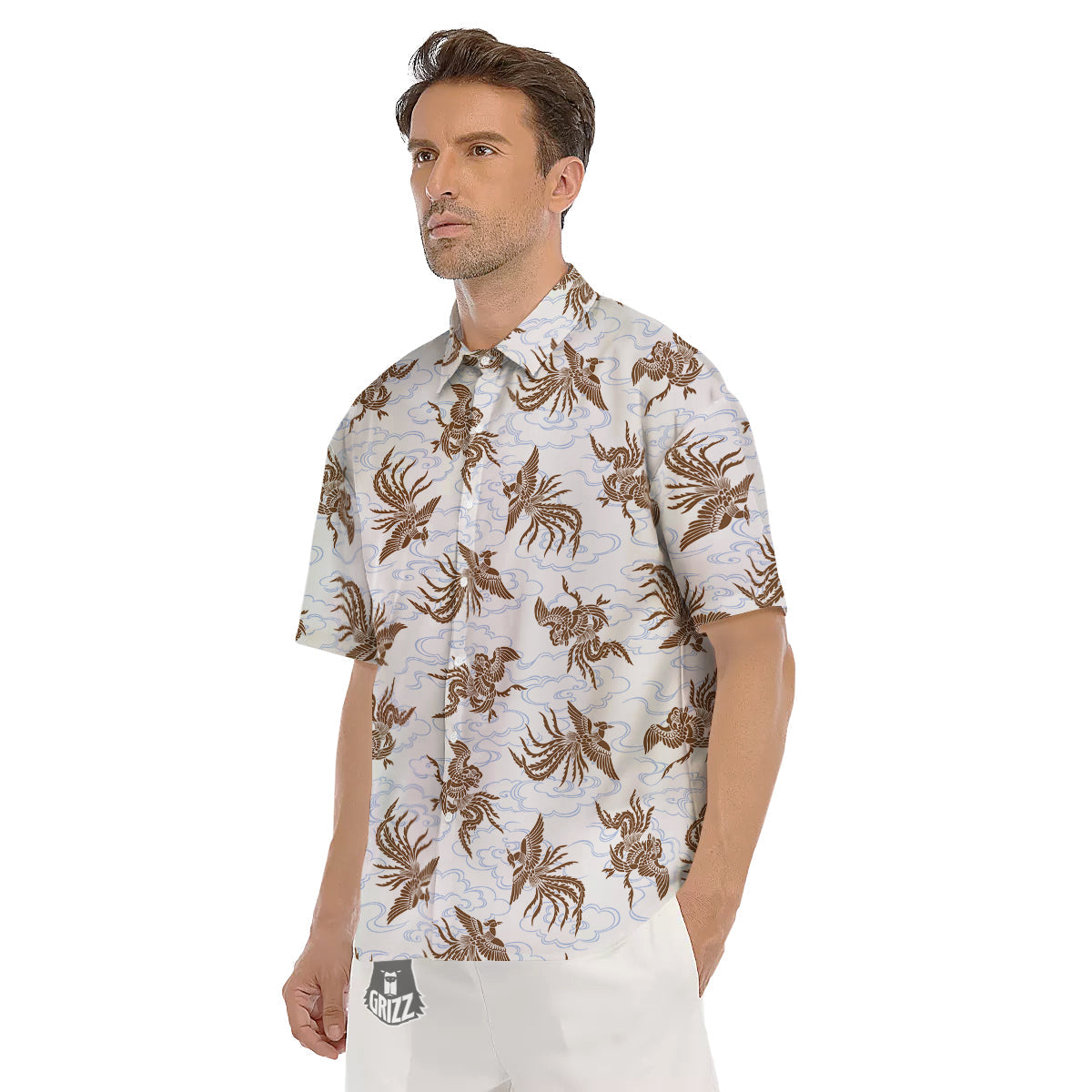 Phoenix Brown Print Pattern Men's Short Sleeve Shirts-grizzshop