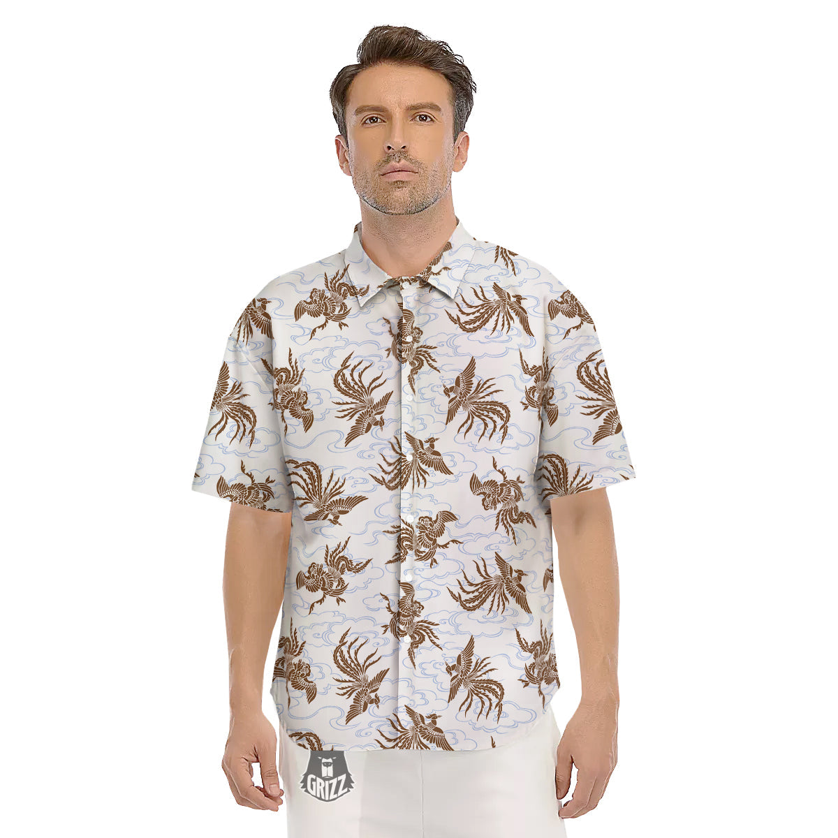 Phoenix Brown Print Pattern Men's Short Sleeve Shirts-grizzshop