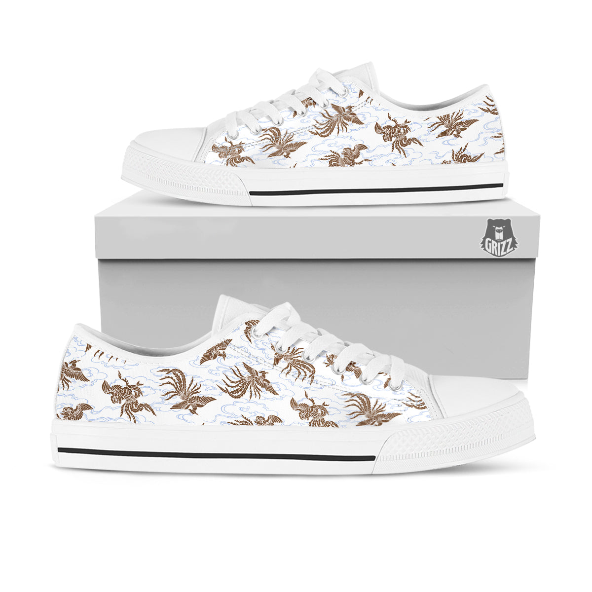 Phoenix Brown Print Pattern White Low Top Shoes-grizzshop