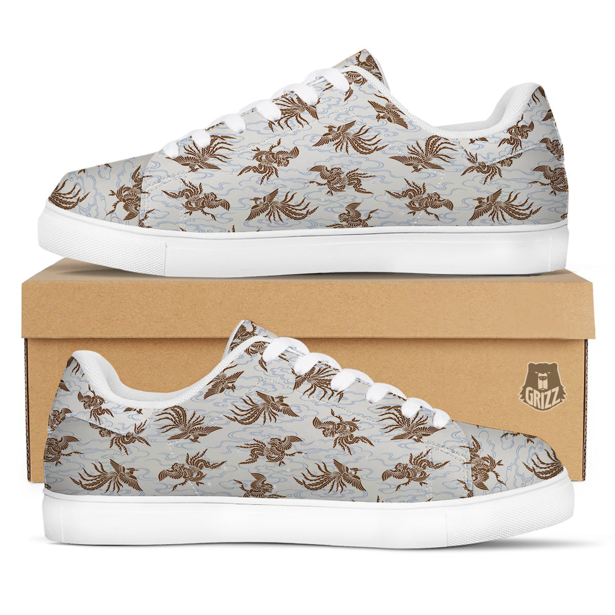 Phoenix Brown Print Pattern White Low Top Sneakers-grizzshop