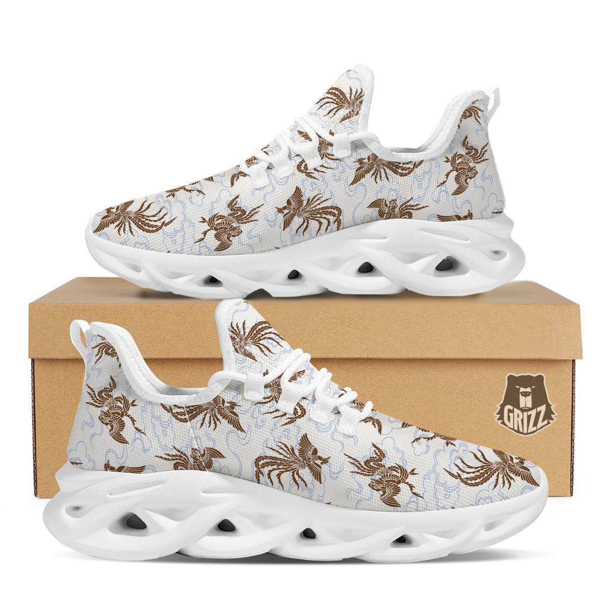 Phoenix Brown Print Pattern White Running Shoes-grizzshop
