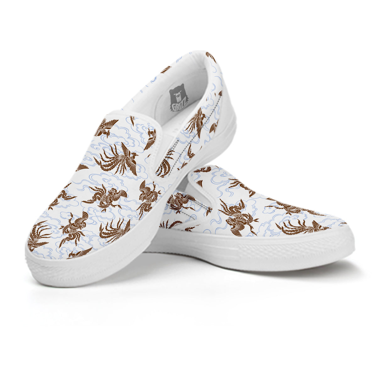 Phoenix Brown Print Pattern White Slip On Shoes-grizzshop