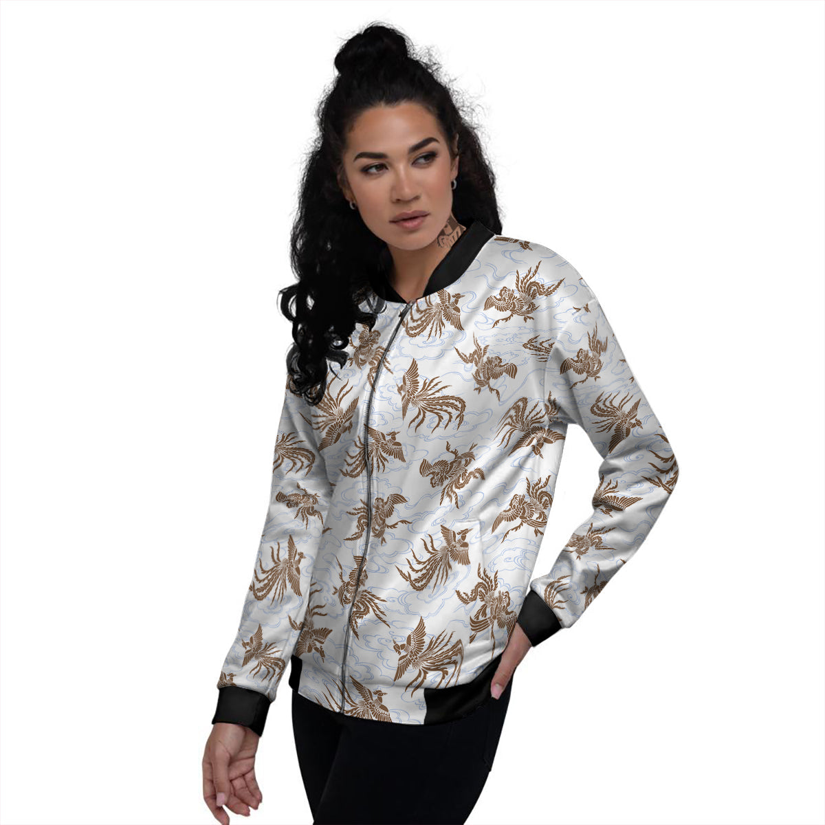 Phoenix Brown Print Pattern Women's Bomber Jacket-grizzshop