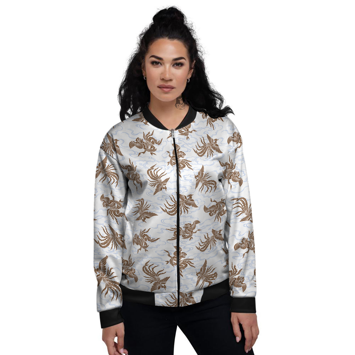 Phoenix Brown Print Pattern Women's Bomber Jacket-grizzshop