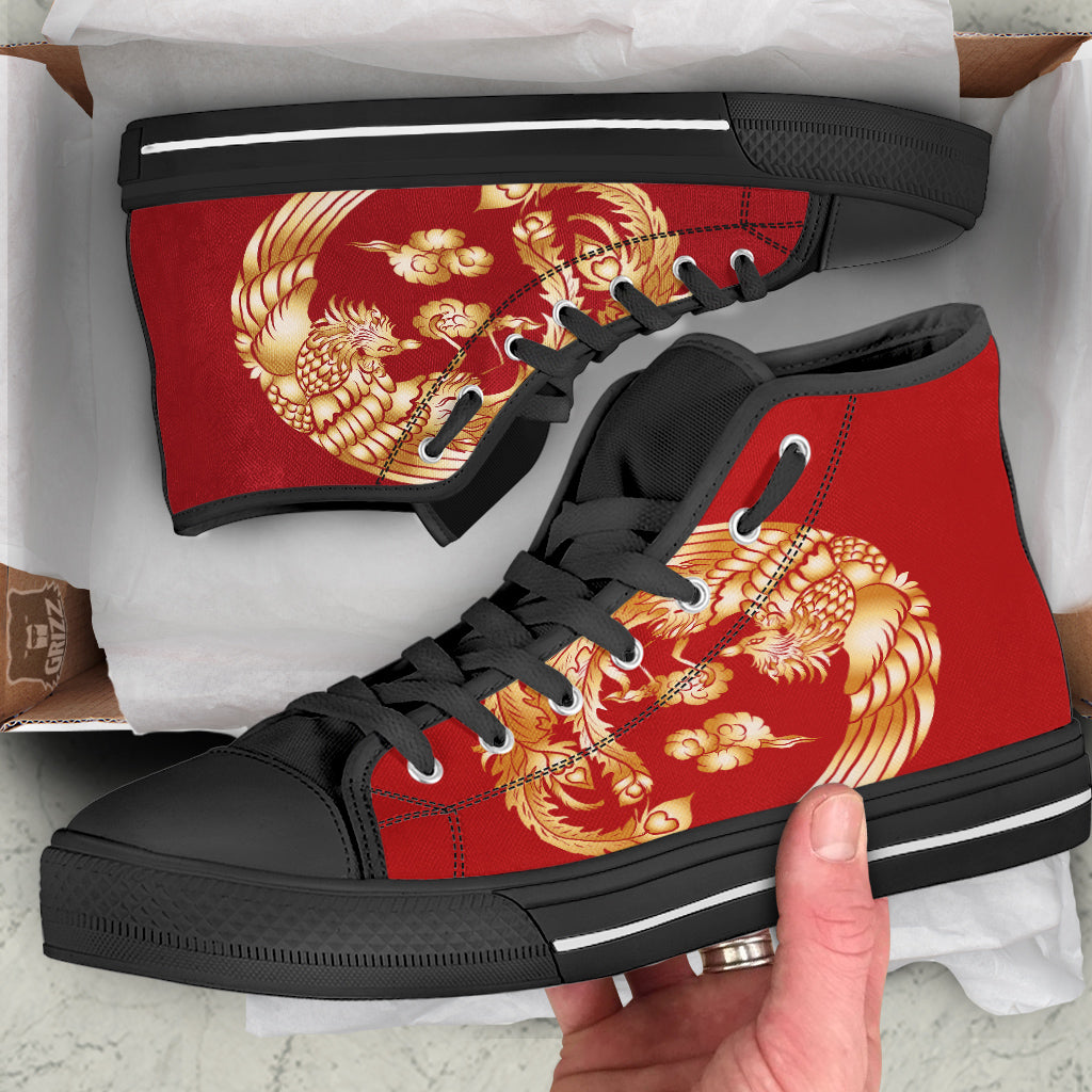 Phoenix Chinese Print Black High Top Shoes-grizzshop