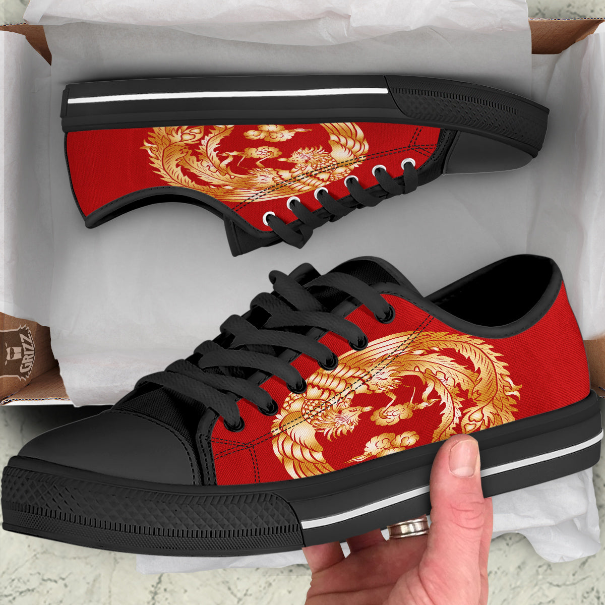Phoenix Chinese Print Black Low Top Shoes-grizzshop
