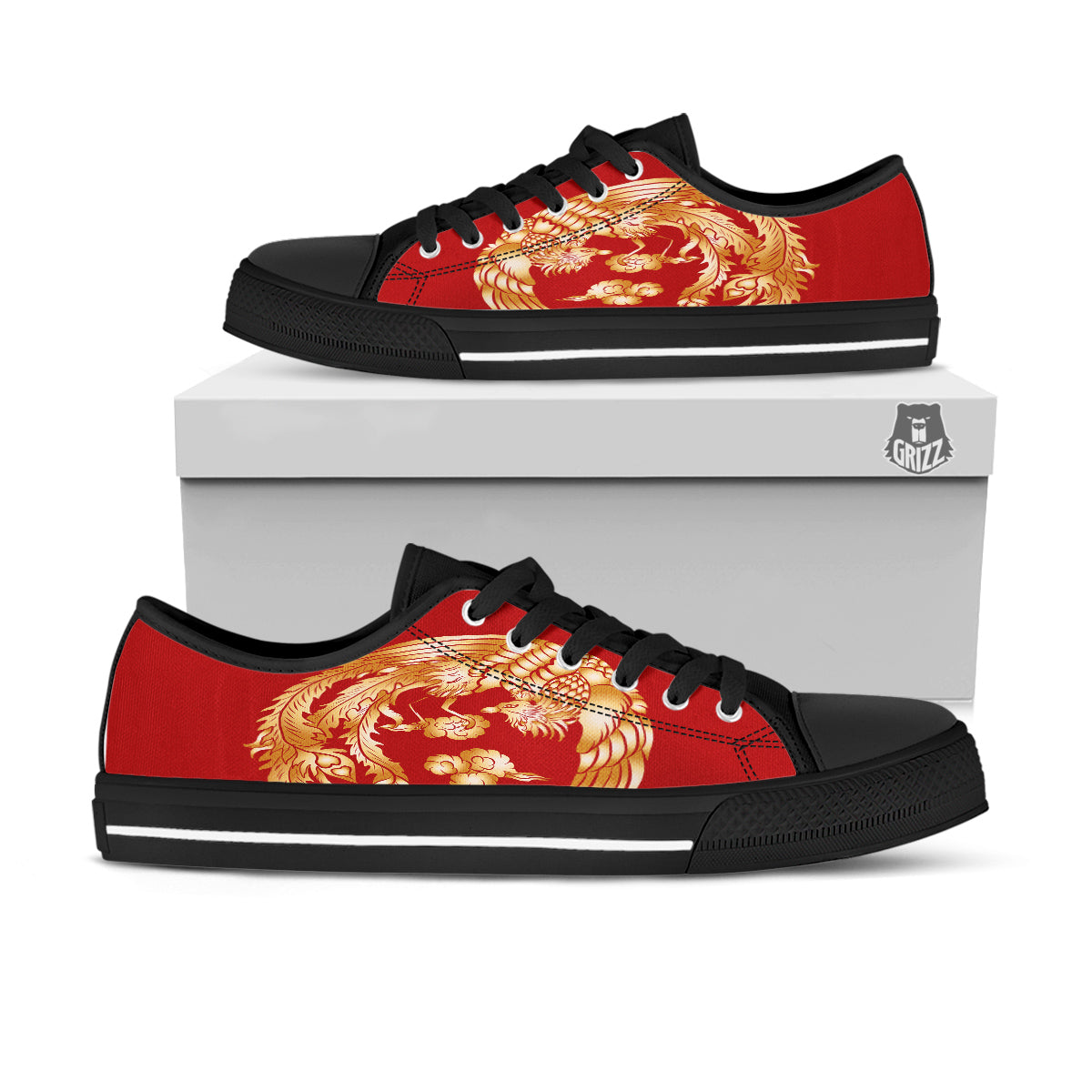 Phoenix Chinese Print Black Low Top Shoes-grizzshop