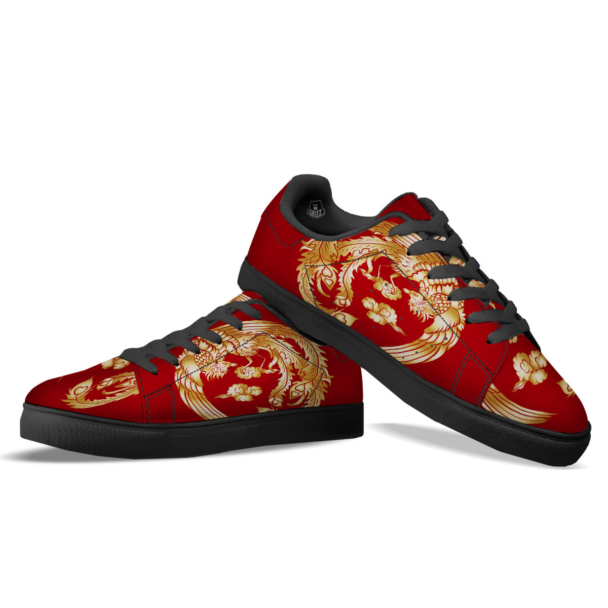 Phoenix Chinese Print Black Low Top Sneakers-grizzshop