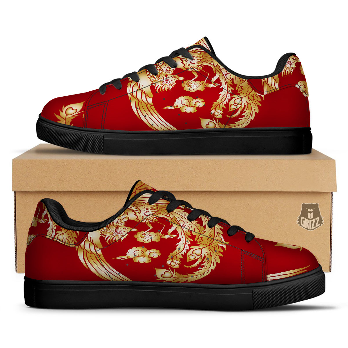 Phoenix Chinese Print Black Low Top Sneakers-grizzshop