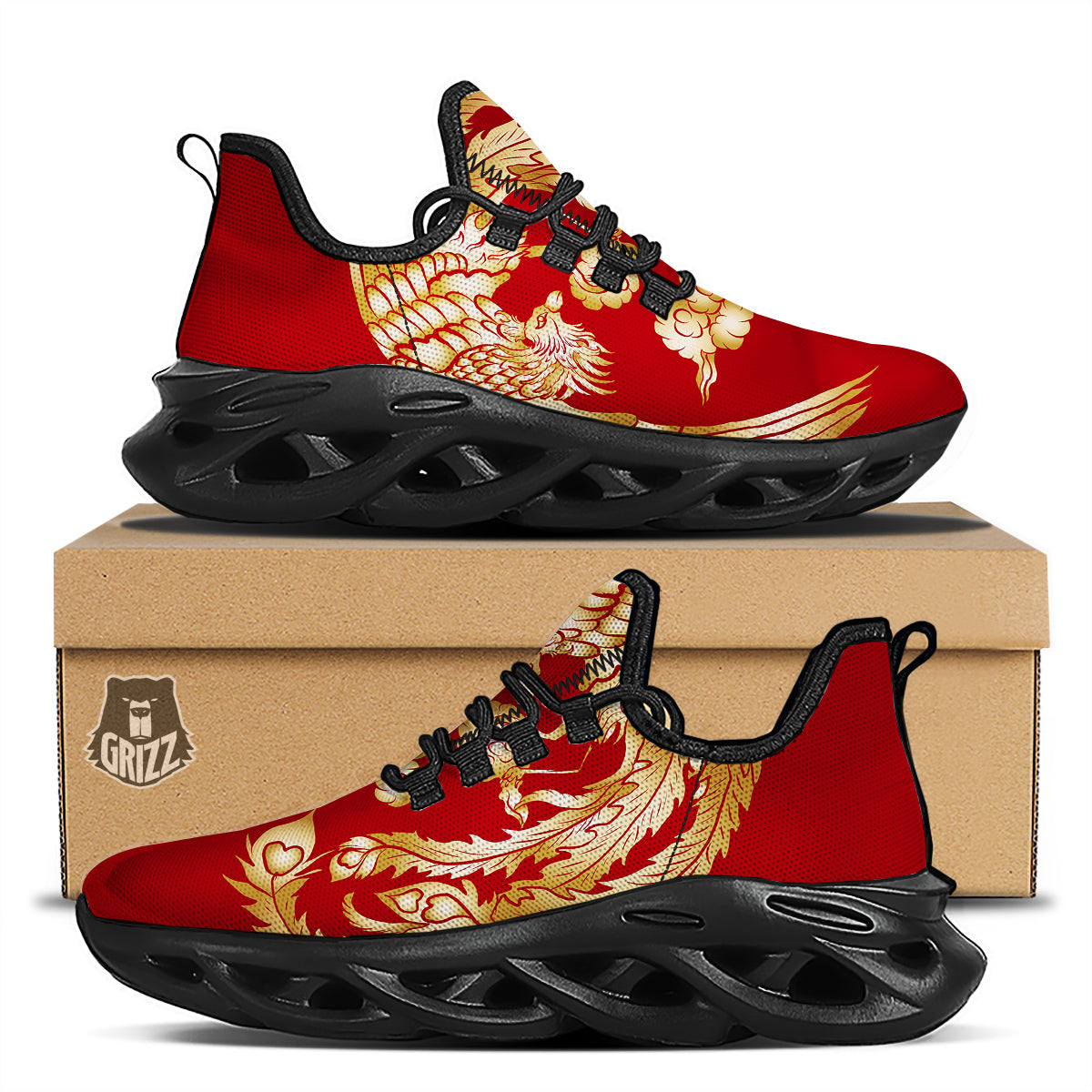 Phoenix Chinese Print Black Running Shoes-grizzshop