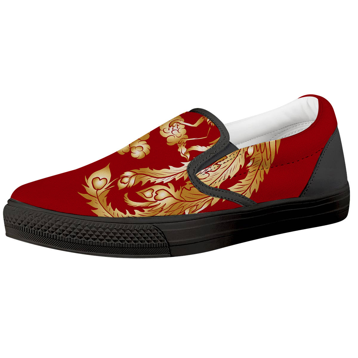 Phoenix Chinese Print Black Slip On Shoes-grizzshop