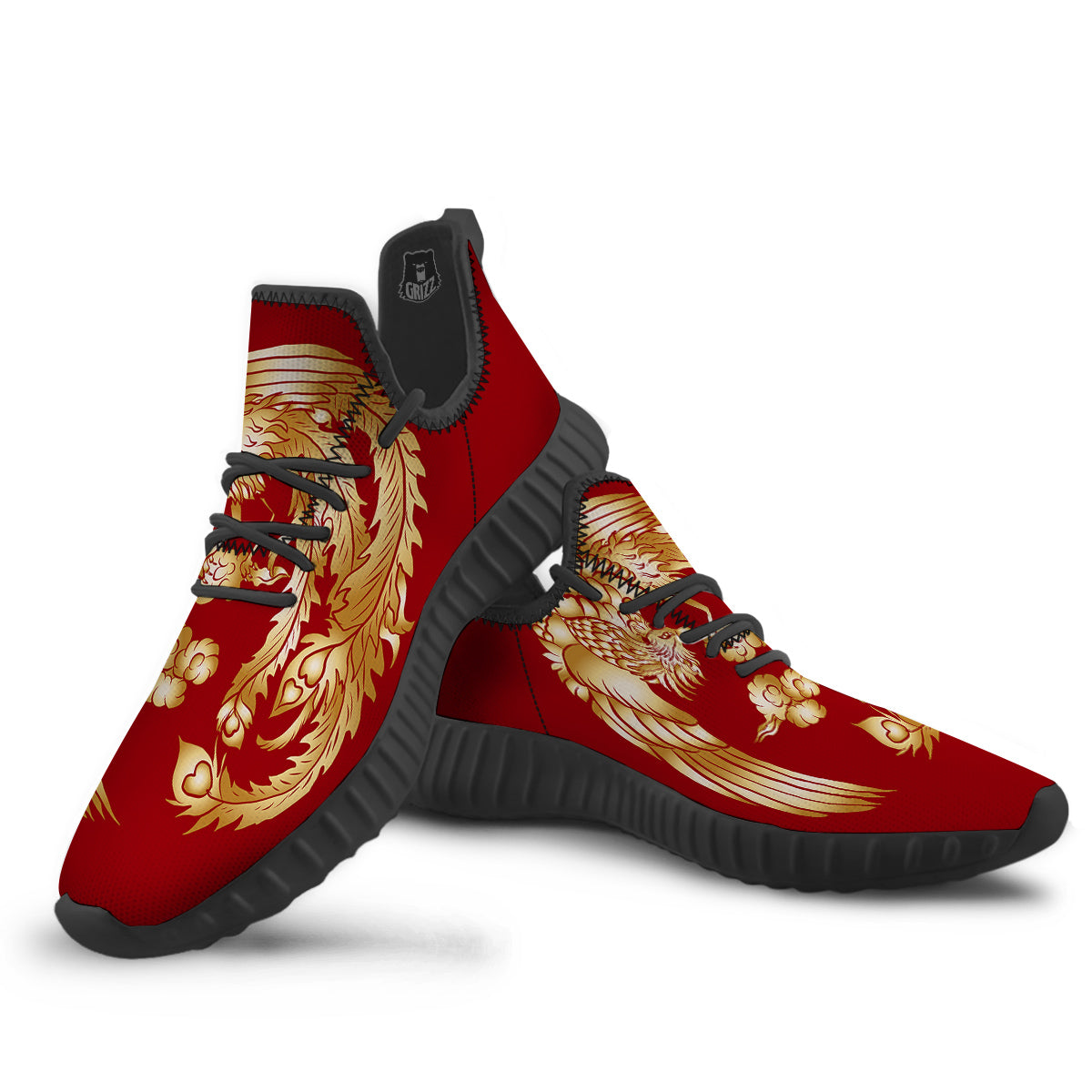 Phoenix Chinese Print Black Walking Shoes-grizzshop
