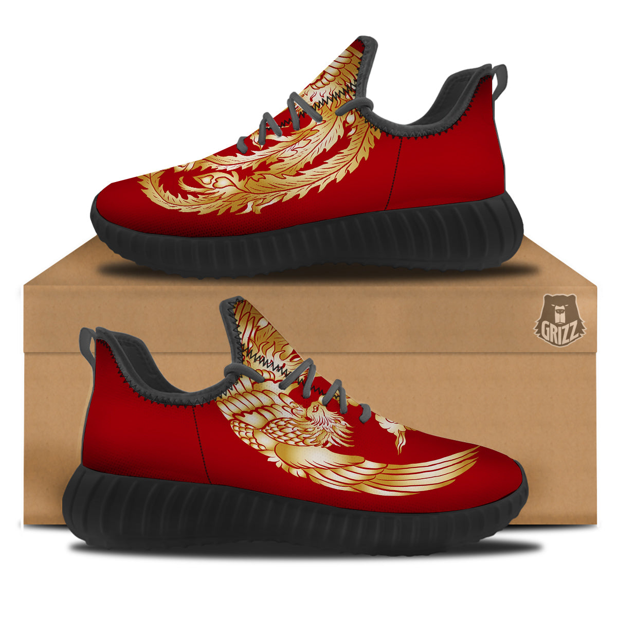 Phoenix Chinese Print Black Walking Shoes-grizzshop